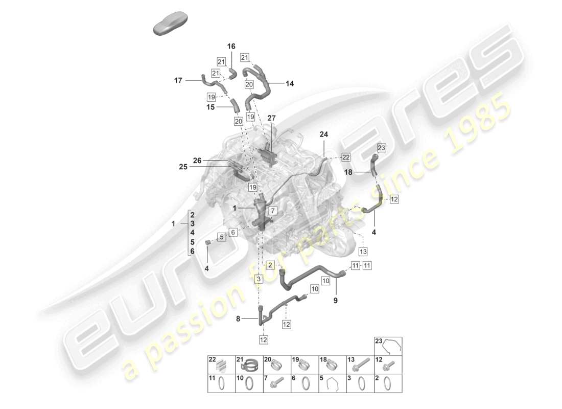 porsche 2022 (992-1) sistema di raffreddamento del liquido di raffreddamento distributore per liquido di raffreddamento schema delle parti del motore