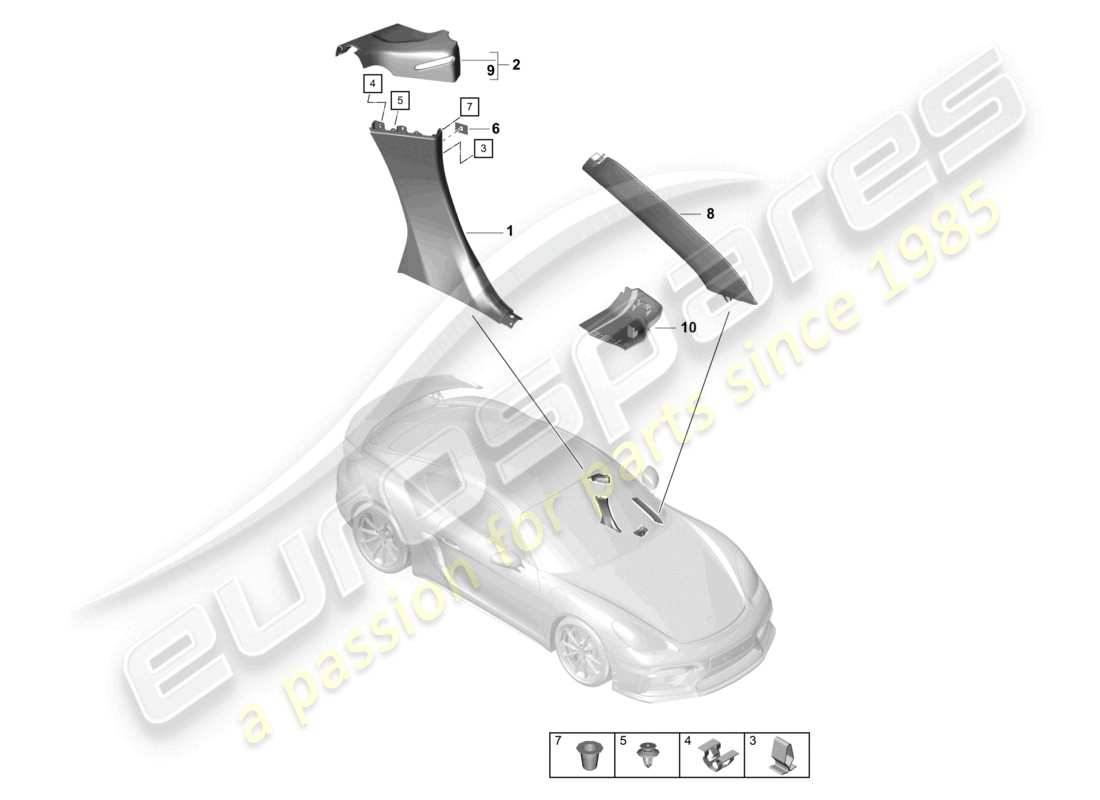 porsche 2021 (718 cayman gt4) finiture montante a montante b scuttle cover diagramma delle parti