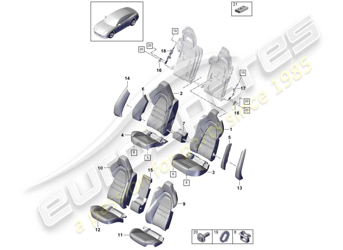 porsche 2021 (panamera 971-1) sedile posteriore sedile comfort versione sportiva schienale in schiuma coprisedili schema dei componenti