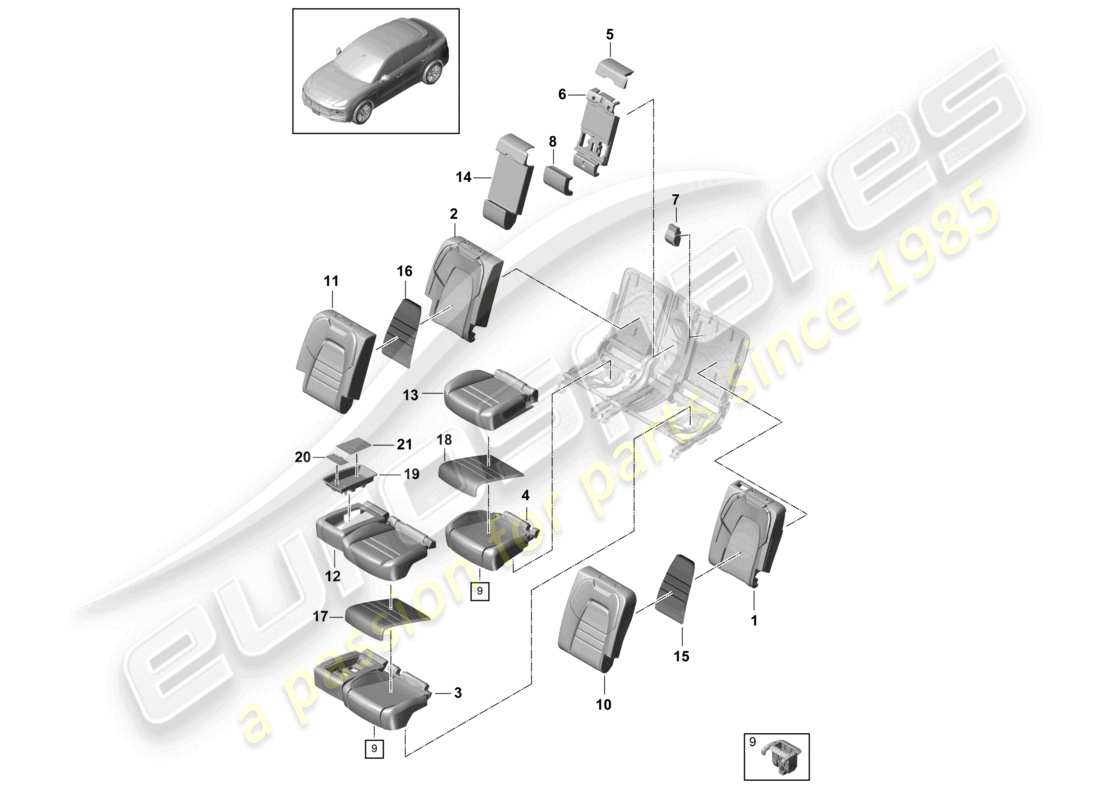 porsche 2022 (cayenne e3 9ya/9yb) sedile posteriore sportivo schienale in schiuma coprisedili coprisedili schema delle parti