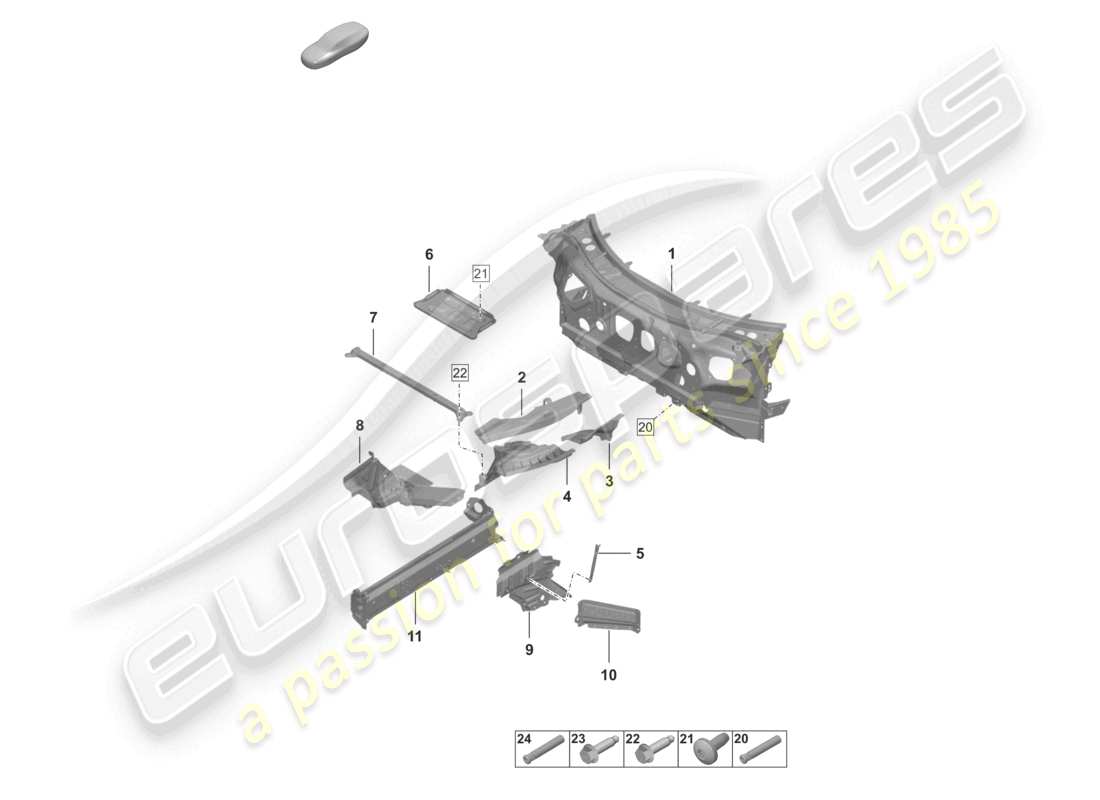 porsche 2022 (992-1 turbo / s) front-end firewall elemento laterale parti singole diagramma delle parti