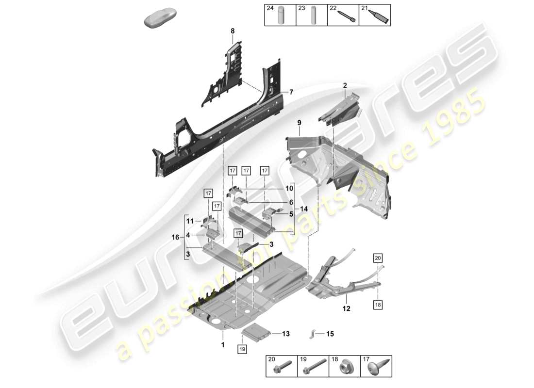 porsche 2021 (718 cayman gt4) diagramma delle parti centrali delle piastre del pavimento