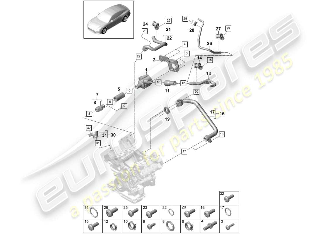 porsche 2021 (panamera 971-1) schema delle parti del sistema di raffreddamento del liquido di raffreddamento 2