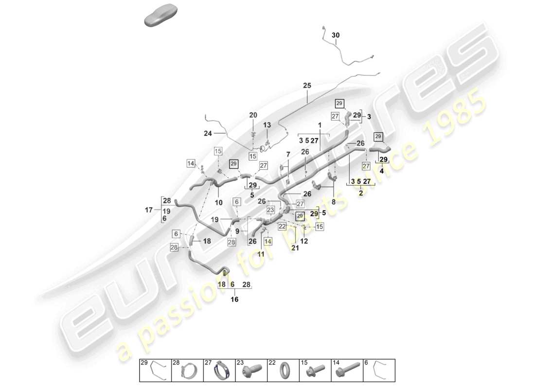 porsche 2025 (992-2 gt3) schema delle parti anteriori del sistema di raffreddamento del liquido di raffreddamento