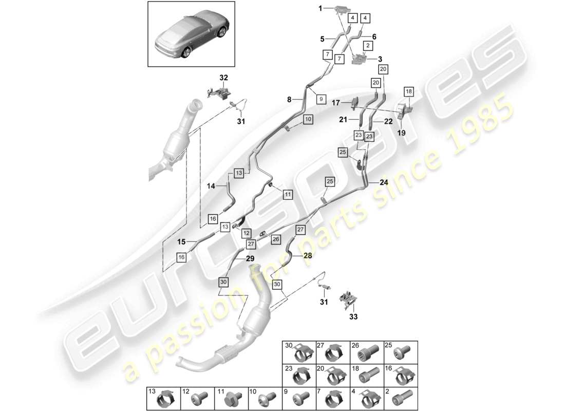 porsche 2021 (panamera 971-1) sistema di scarico sistema di trattamento dei gas di scarico sensori per veicoli con filtro antiparticolato per benzina schema delle parti