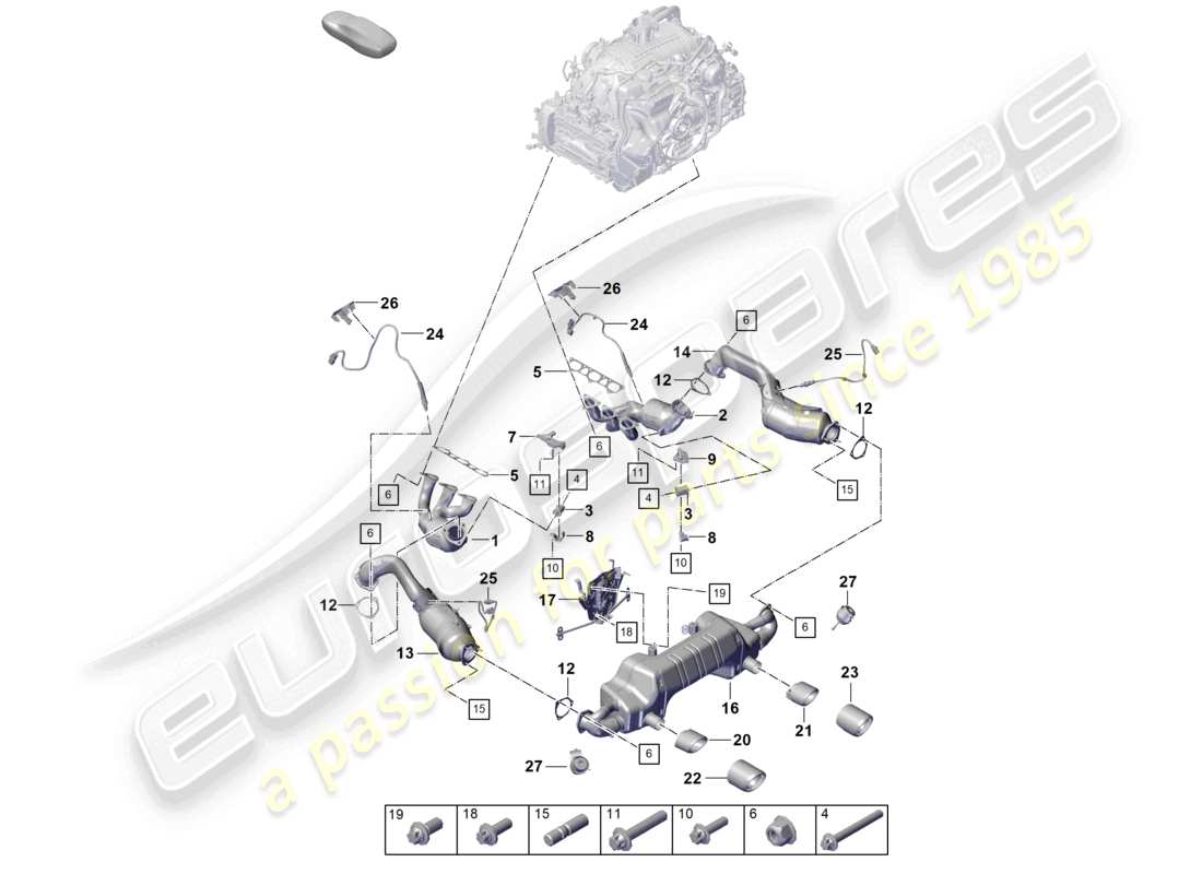 porsche 2021 (718 cayman gt4) diagramma delle parti del sistema di scarico