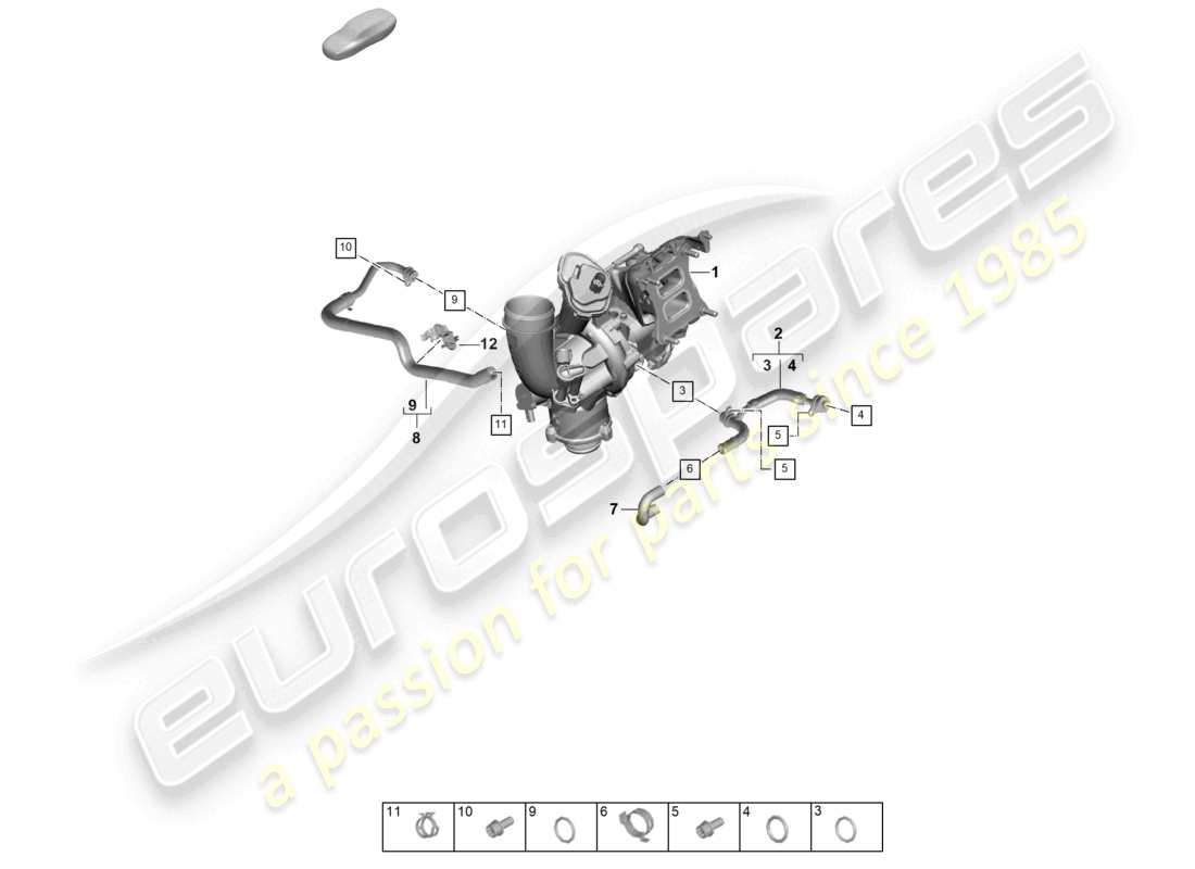 porsche 2026 (cayenne e3 pa) schema delle parti del sistema di raffreddamento del liquido di raffreddamento per turbocompressore