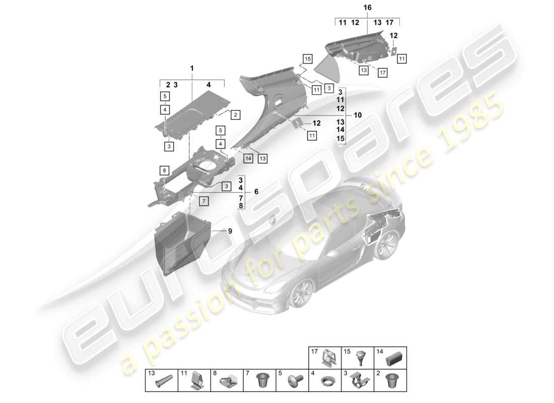 porsche 2021 (718 cayman gt4) rifiniture laterali vano motore posteriore diagramma delle parti