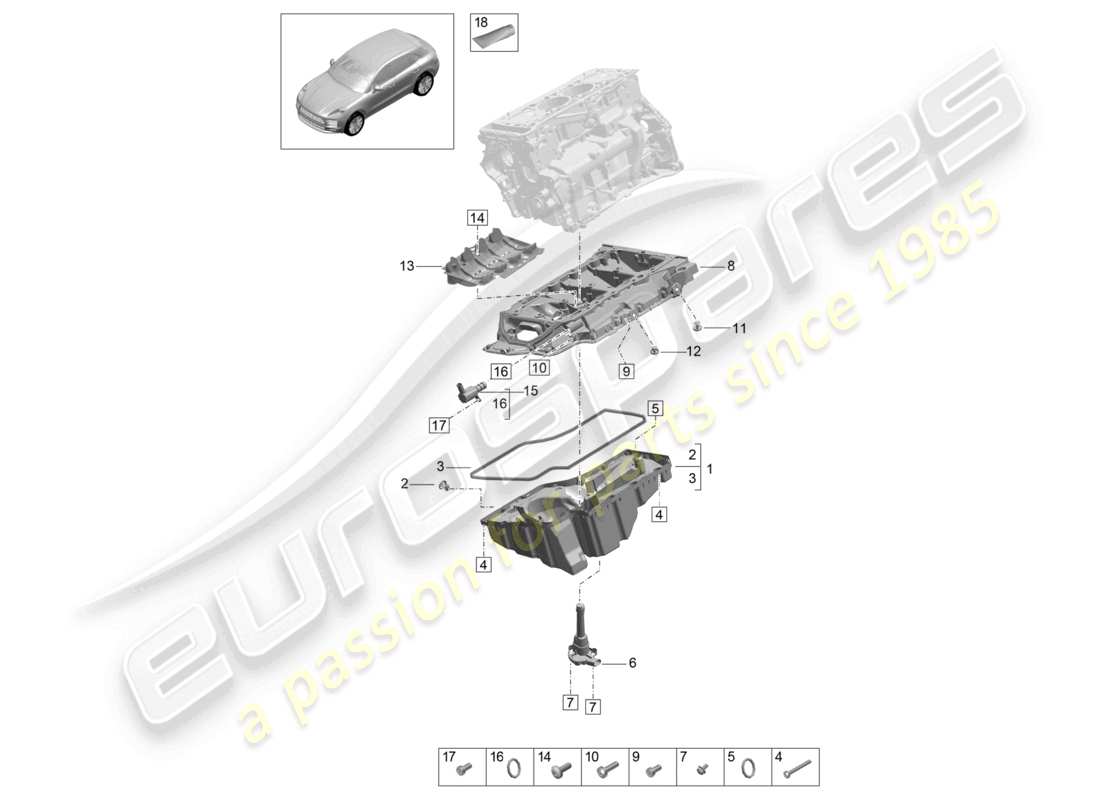 porsche 2021 (macan) coppa dell'olio con alloggiamento conduttore dell'olio diagramma delle parti
