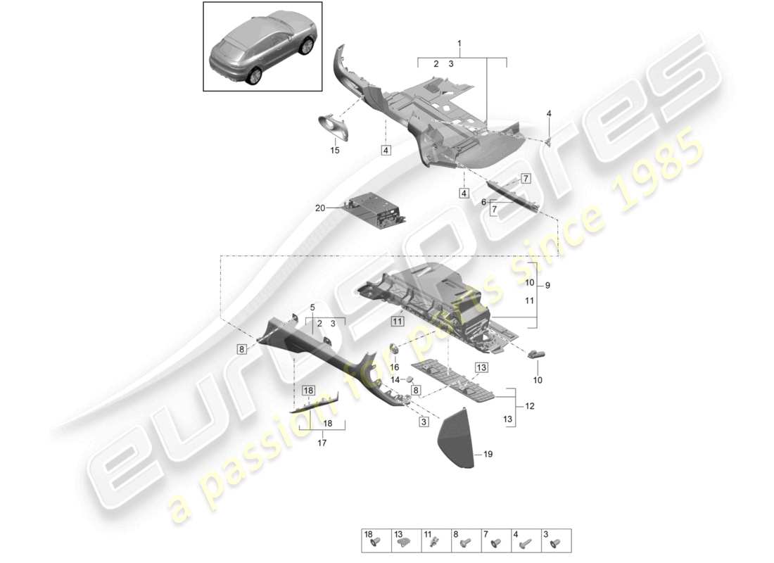 porsche 2021 (macan) schema delle parti del vano portaoggetti e del rivestimento (lato conducente)