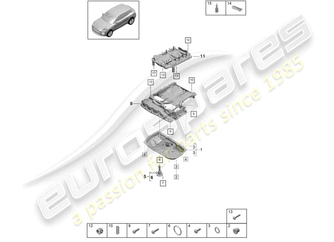 porsche 2021 (macan) coppa dell'olio con alloggiamento conduttore dell'olio diagramma delle parti
