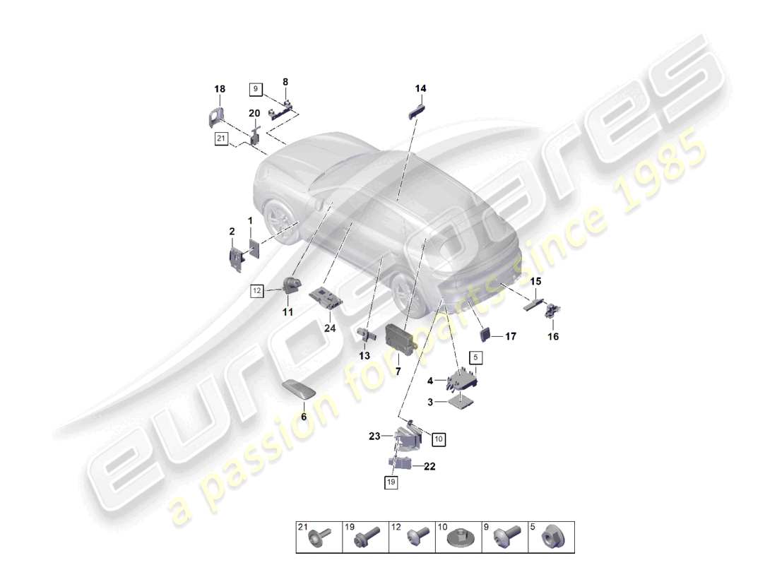 porsche 2025 (cayenne e3 pa) unità di controllo parte anteriore parte posteriore interruttore di accensione/avviamento antenna comandi per il funzionamento della porta del garage unità di controllo per l'assistenza al cambio di corsia unità di controllo per la regolazione della distanza schema delle parti