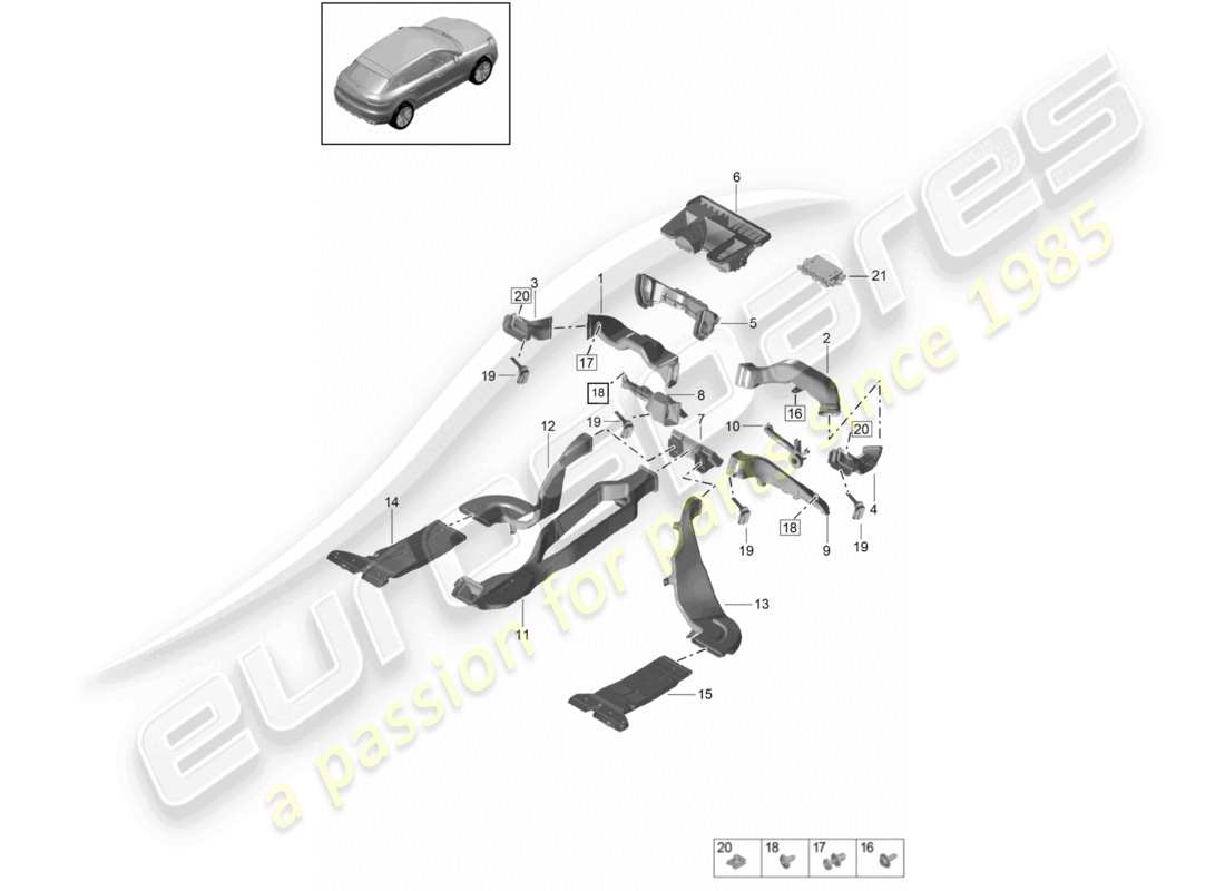 porsche 2021 (macan) schema delle parti del sistema di riscaldamento, ventilazione e aria condizionata della guida dell'aria