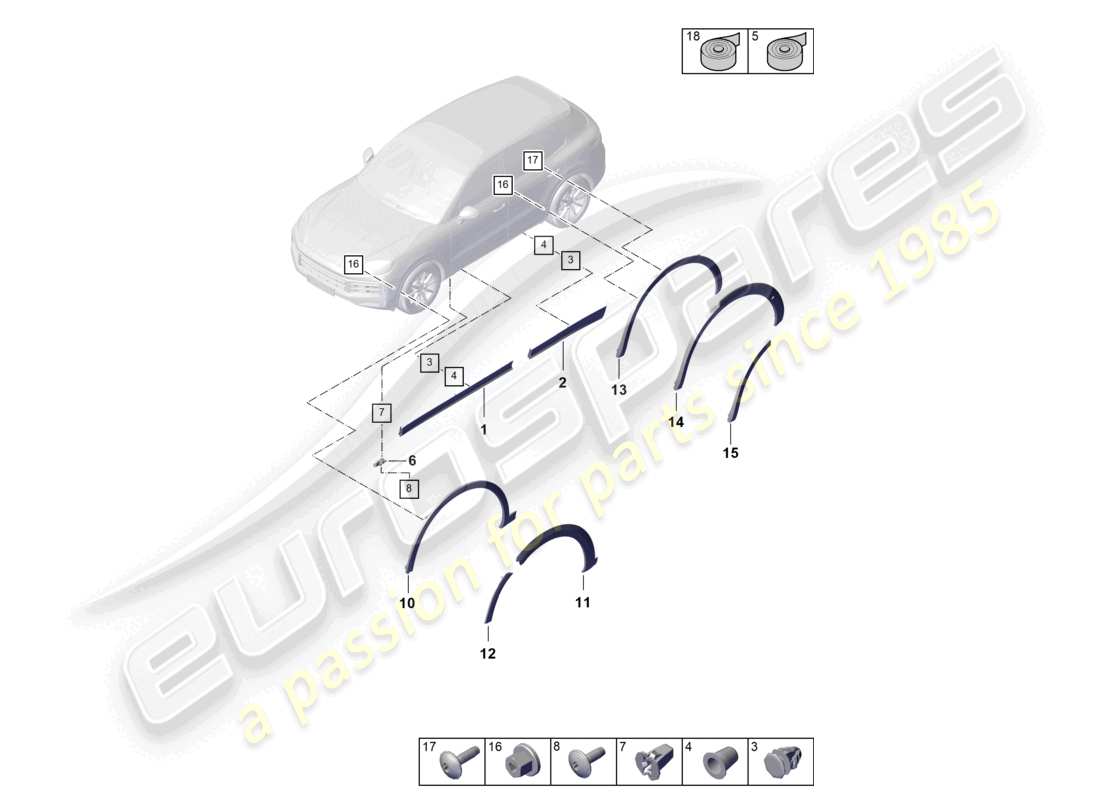porsche 2026 (cayenne e3 pa) schema delle parti della modanatura del passaruota per la porta