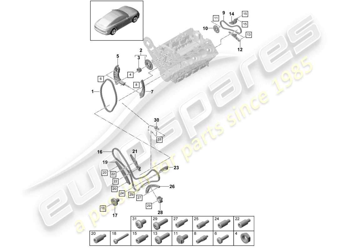 porsche 2021 (panamera 971-1) tendicatena della guida di scorrimento della catena di distribuzione diagramma delle parti