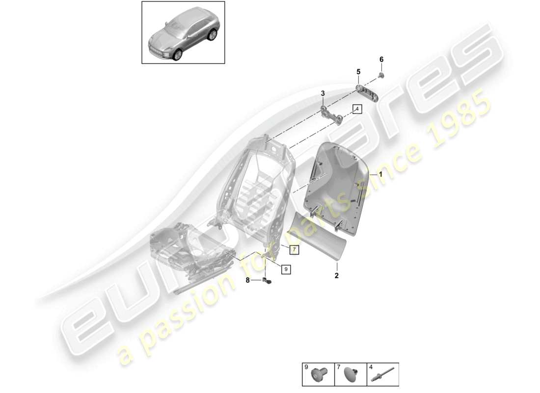 porsche 2021 (macan) guscio dello schienale accessori vari sedile standard sedile comfort sedile sportivo schema delle parti