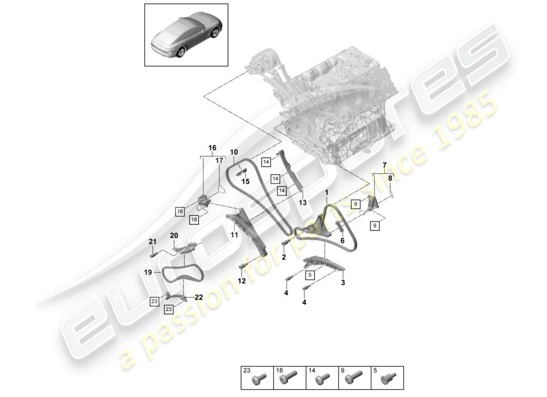 porsche 2021 (panamera 971-1) tendicatena della guida di scorrimento della catena di distribuzione diagramma delle parti