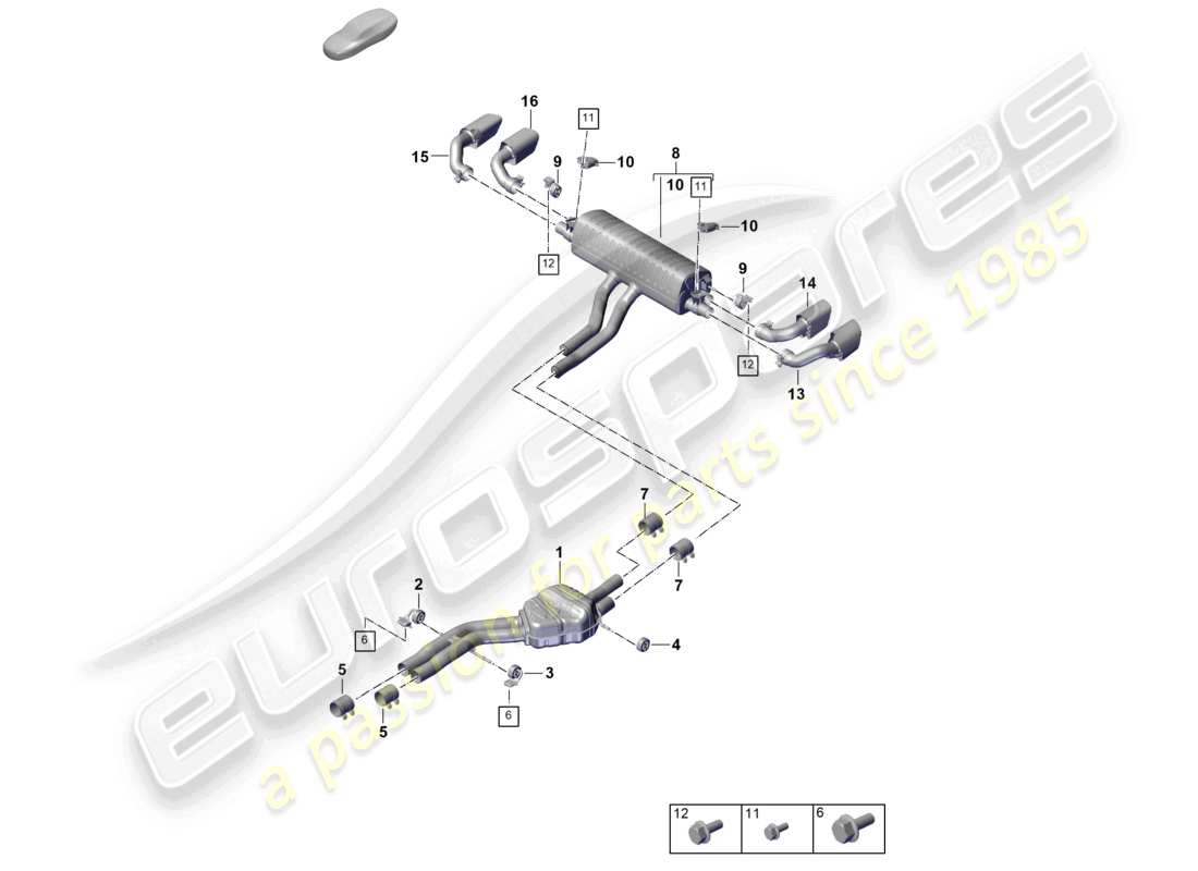porsche 2025 (cayenne e3 pa) sistema di scarico silenziatore anteriore silenziatore posteriore terminale di scarico diagramma delle parti