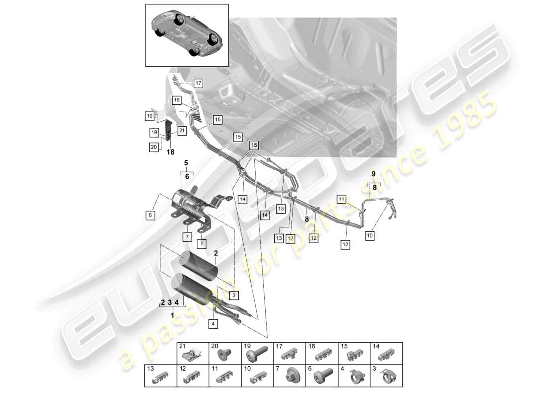 porsche 2021 (panamera 971-1) linea del carburante sottoscocca diagramma delle parti
