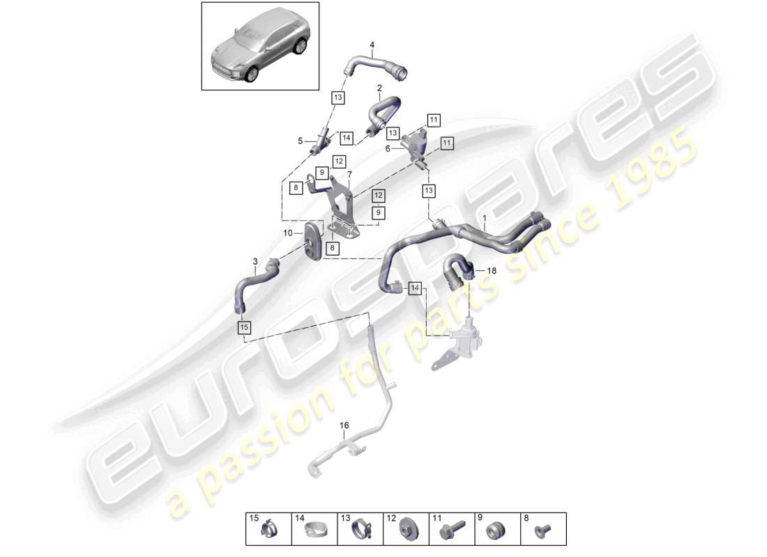 porsche 2021 (macan) riscaldatore v6 turbo scatola dell'acqua lhd schema delle parti