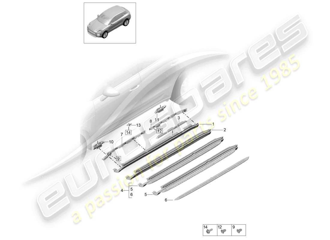porsche 2021 (macan) schema delle parti del sottoporta degli accessori per il rivestimento dei longheroni