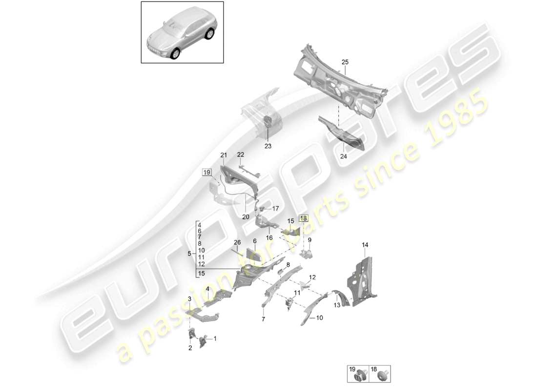 porsche 2021 (macan) schema delle parti del firewall per il montaggio del montante della sospensione anteriore