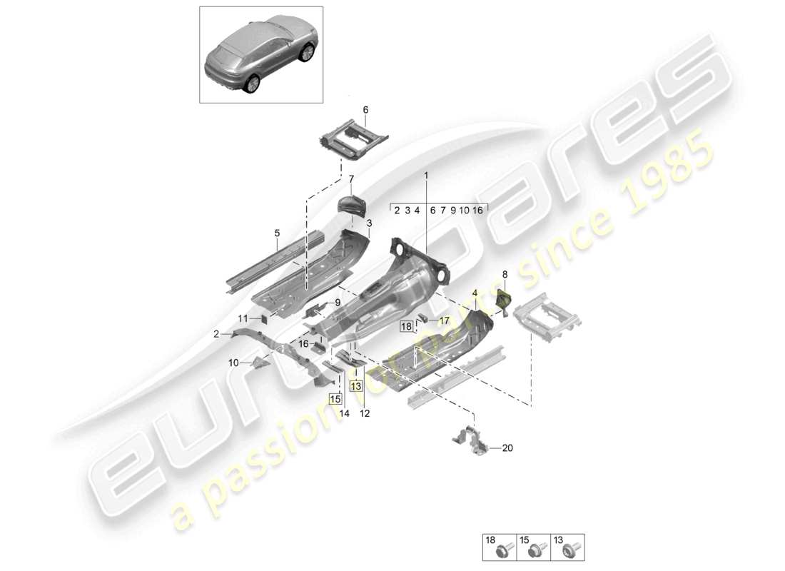 porsche 2021 (macan) piastre di pavimento tunnel anteriore diagramma delle parti