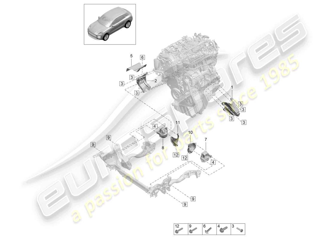 porsche 2021 (macan) dispositivo di sollevamento del motore più basso diagramma delle parti