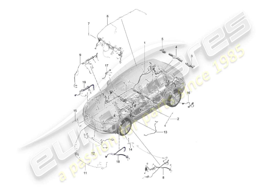 porsche 2021 (macan) set di cavi paraurti abitacolo sistema frenante antibloccaggio anteriore - abs - indicatore di usura delle pastiglie dei freni schema dei componenti dell'assale anteriore