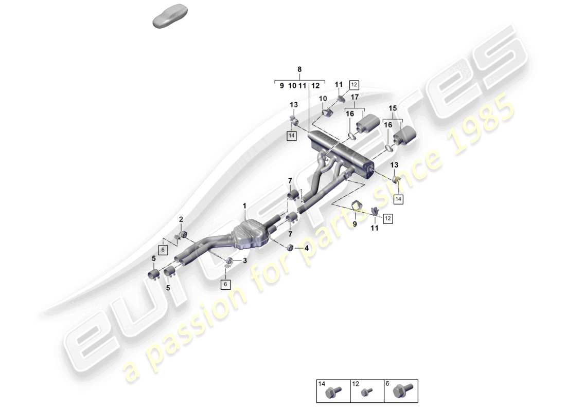 porsche 2026 (cayenne e3 pa) sistema di scarico versione sportiva silenziatore anteriore silenziatore posteriore terminale di scarico schema dei componenti