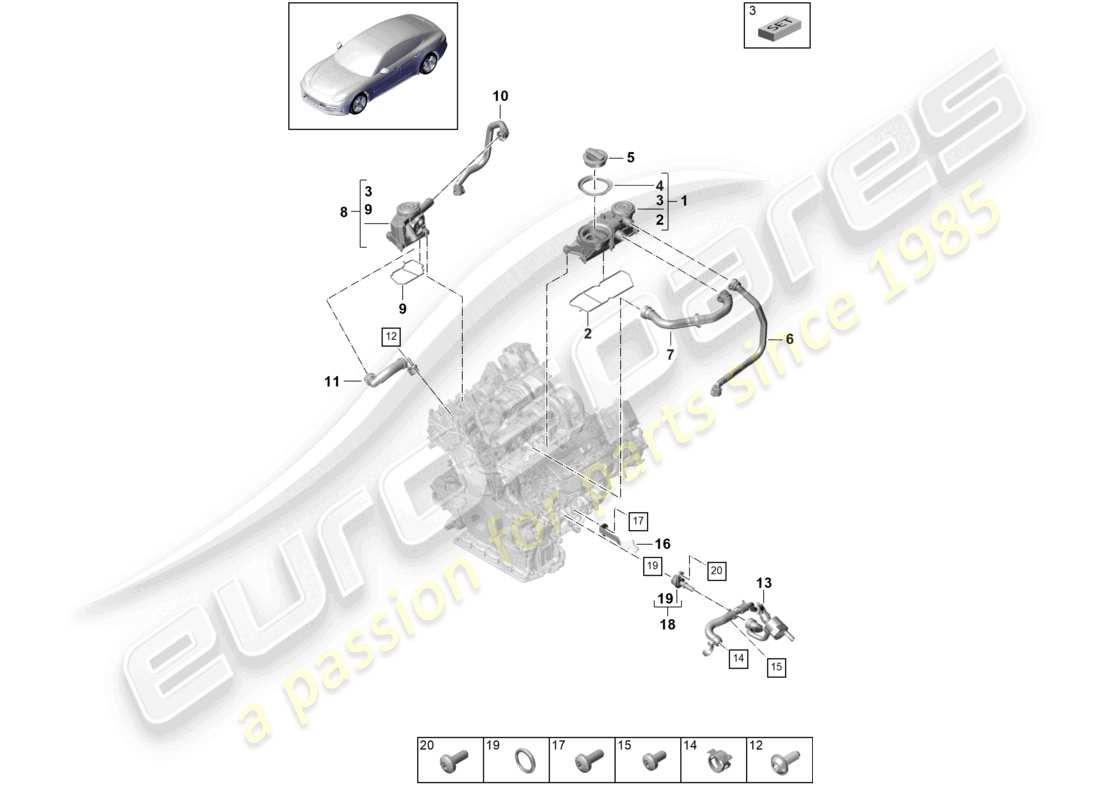 porsche 2021 (panamera 971-1) schema delle parti di ventilazione per il separatore dell'olio del blocco cilindri