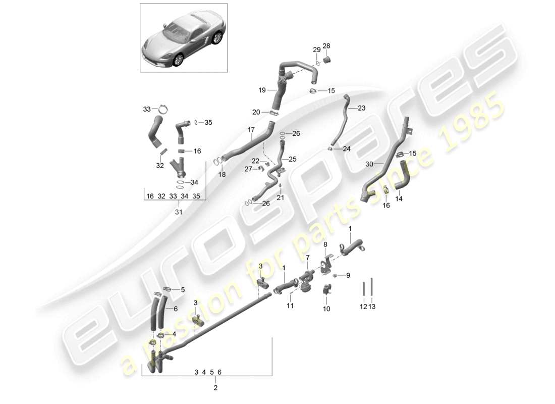 porsche 2023 (718 boxster) schema delle parti del sistema di raffreddamento del liquido di raffreddamento del tubo dell'acqua
