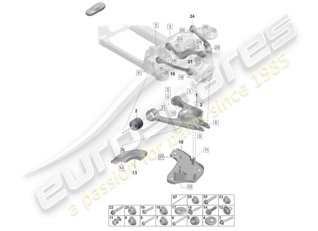 porsche 2025 (taycan 9j1-2) diagramma delle parti del braccio oscillante