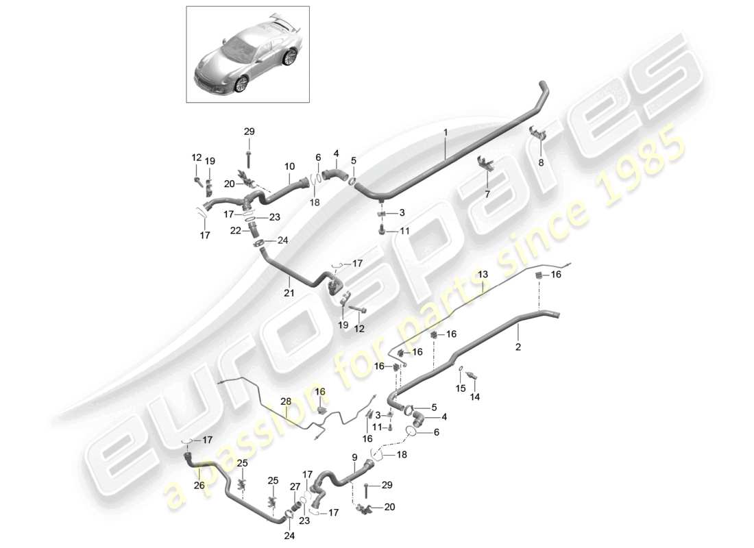 porsche 2021 (991-2 r/gt3/rs) schema delle parti anteriori del sistema di raffreddamento del liquido di raffreddamento