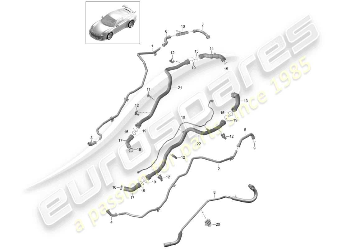 porsche 2021 (991-2 r/gt3/rs) sistema di raffreddamento del liquido di raffreddamento riscaldatore posteriore linea di sfiato diagramma delle parti