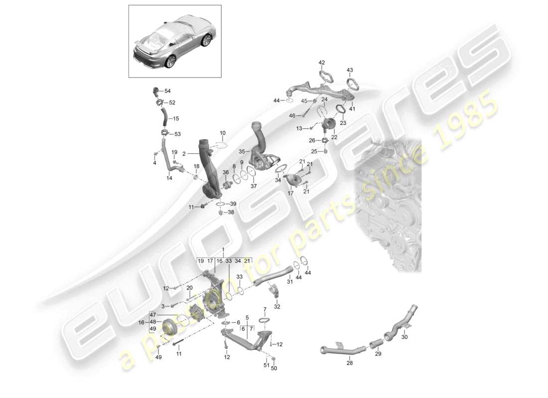 porsche 2021 (991-2 r/gt3/rs) pompa del liquido di raffreddamento alloggiamento della pompa del liquido di raffreddamento diagramma delle parti