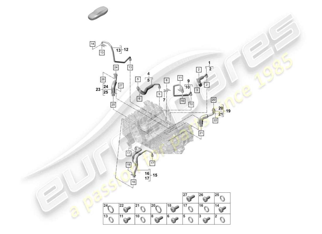 porsche 2021 (panamera 971-2) schema dei componenti del sistema di raffreddamento del liquido di raffreddamento per turbocompressore linea di pressione dell'olio per turbocompressore a gas di scarico