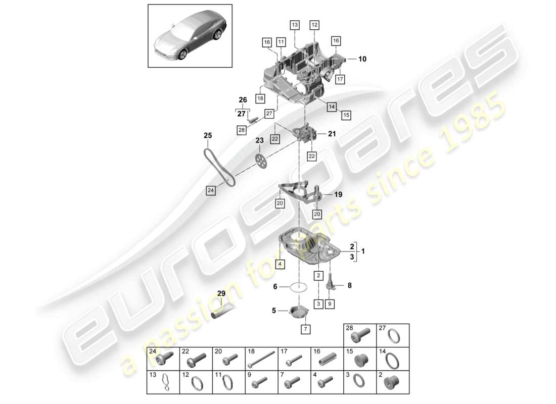 porsche 2021 (panamera 971-1) schema delle parti della pompa dell'olio della coppa dell'olio dell'alloggiamento conduttore dell'olio
