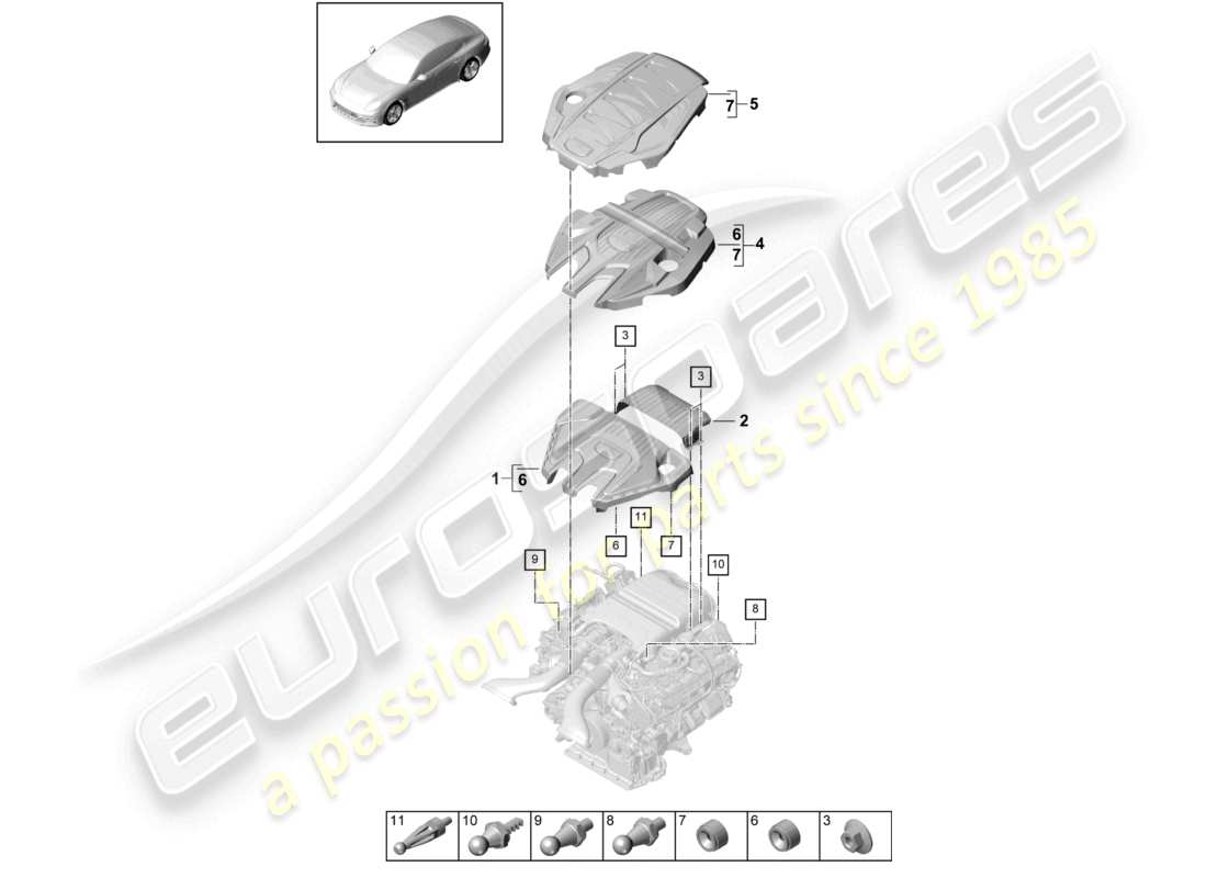 porsche 2021 (panamera 971-1) schema delle parti copertura motore