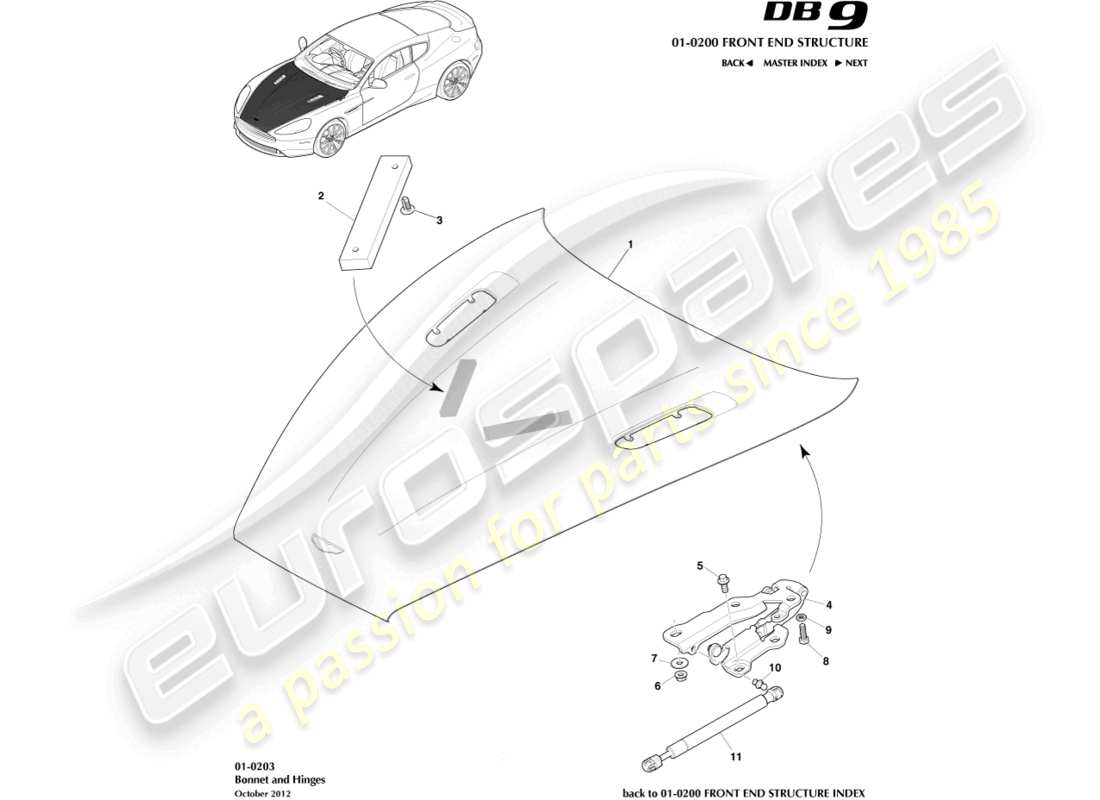 aston martin db9 (2014) diagramma delle parti del cofano e delle cerniere