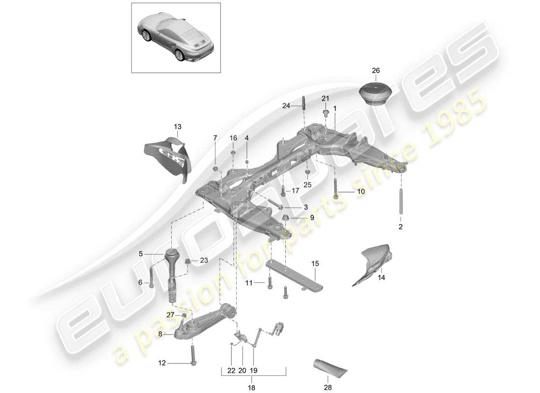 porsche 991 turbo (2018) diagramma delle parti della traversa