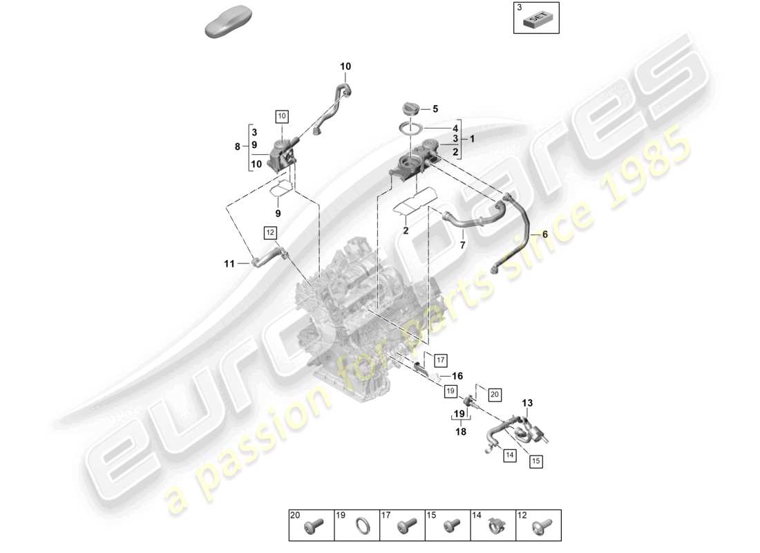 porsche 2021 (panamera 971-2) schema delle parti di ventilazione per il separatore dell'olio del blocco cilindri