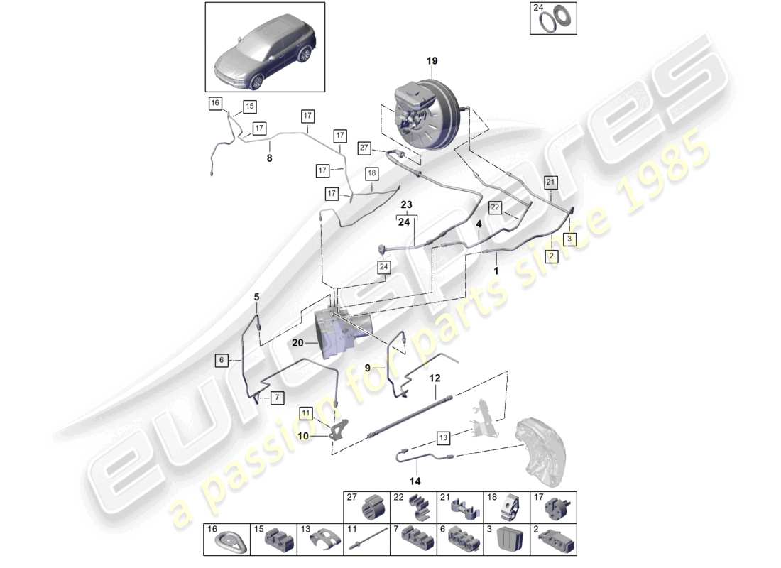 porsche 2022 (cayenne e3 9ya/9yb) schema elettrico della parte anteriore del tubo freno phev