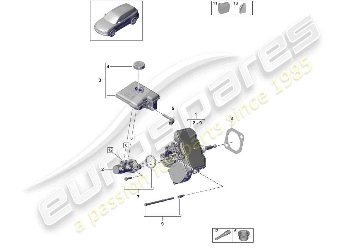 porsche 2023 (cayenne e3 9ya/9yb) cilindro principale del freno tandem ibrido con serbatoio del liquido dei freni servofreno diagramma delle parti