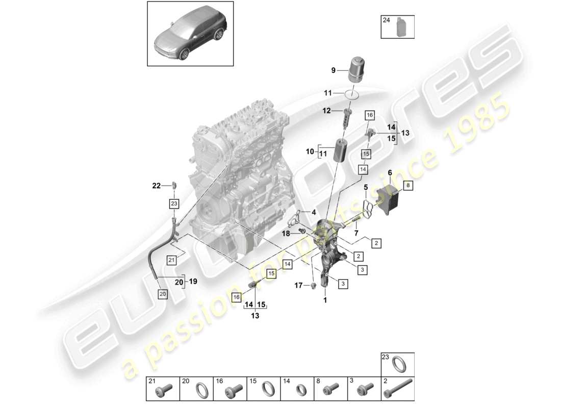 porsche 2022 (cayenne e3 9ya/9yb) filtro dell'olio console radiatore dell'olio diagramma delle parti