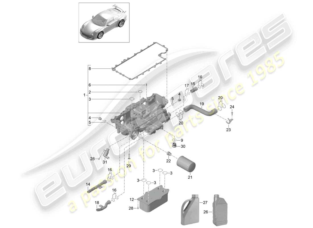 porsche 2021 (991-2 r/gt3/rs) schema delle parti della console del filtro dell'olio