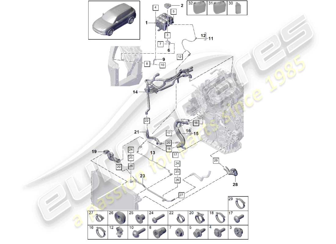 porsche 2022 (cayenne e3 9ya/9yb) sistema di raffreddamento del liquido di raffreddamento serbatoio di espansione del liquido di raffreddamento tubo del liquido di raffreddamento diagramma delle parti