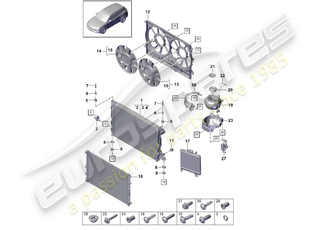 porsche 2023 (cayenne e3 9ya/9yb) sistema di raffreddamento del liquido di raffreddamento radiatore per il liquido di raffreddamento radiatore aggiuntivo per il liquido di raffreddamento serbatoio di espansione aggiuntivo diagramma delle parti