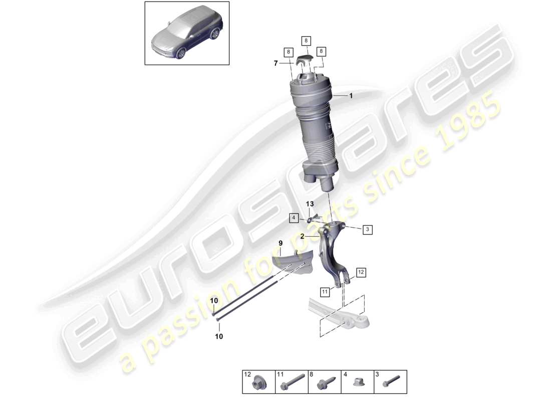 porsche 2023 (cayenne e3 9ya/9yb) schema completo delle parti del montante della sospensione pneumatica