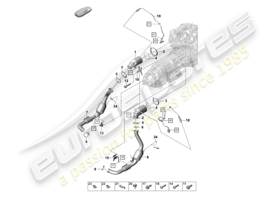 porsche 2021 (panamera 971-2) sistema di scarico convertitore catalitico filtro antiparticolato per benzina sonda lambda schema dei componenti